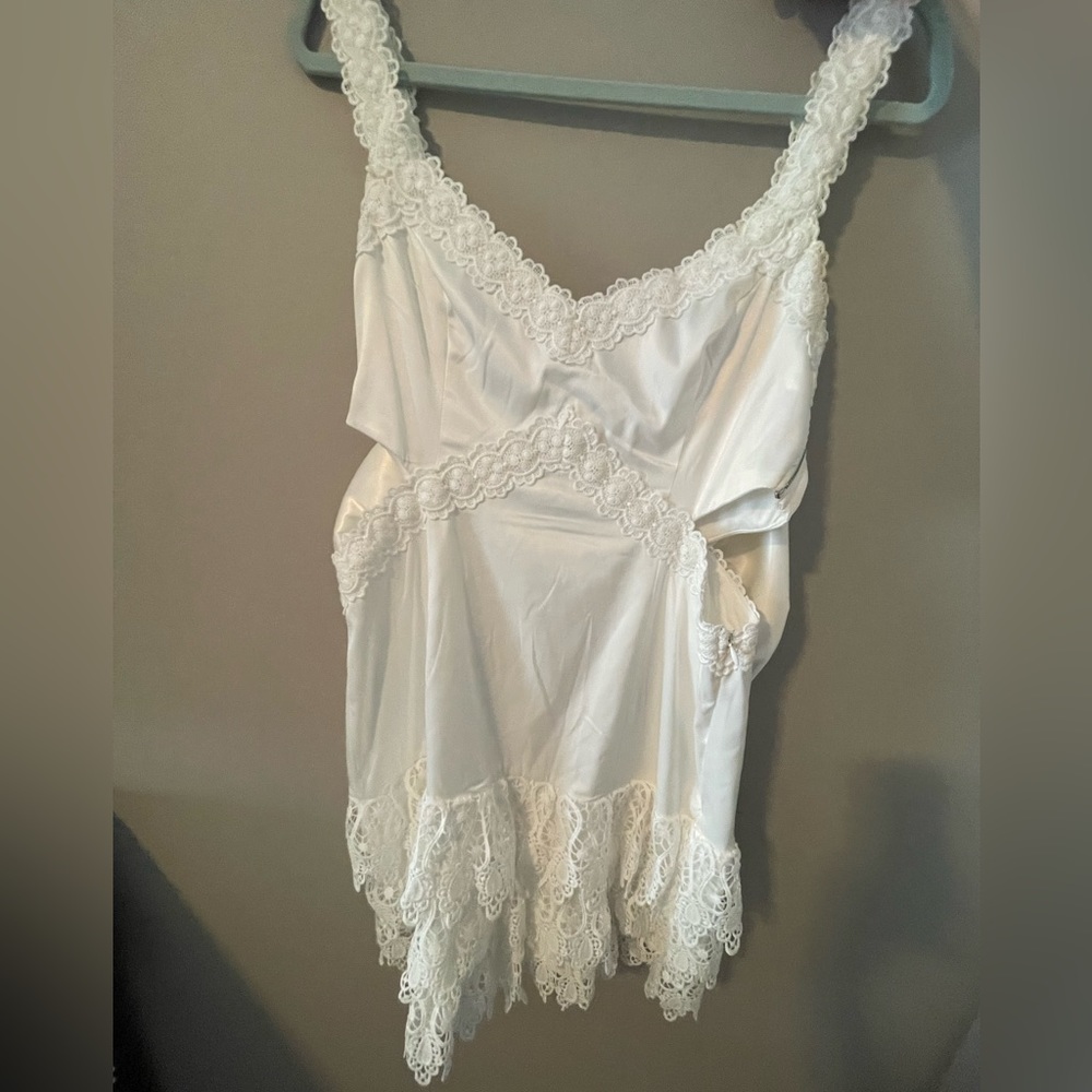 Little white dress LWD boutique Satin Lace Trim Dress with Bow
